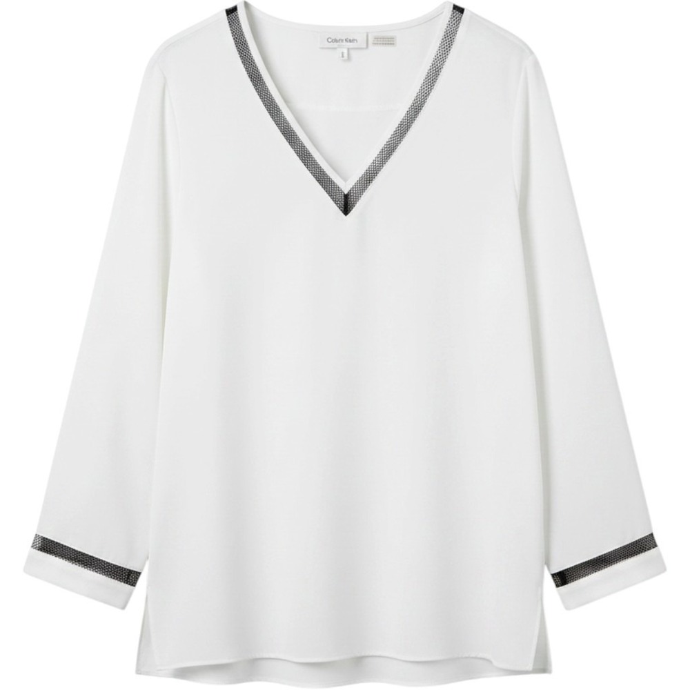 Calvin Klein Size Medium V-Neck Blouse Mesh Trim Gold Buttons Business Casual - Picture 1 of 8